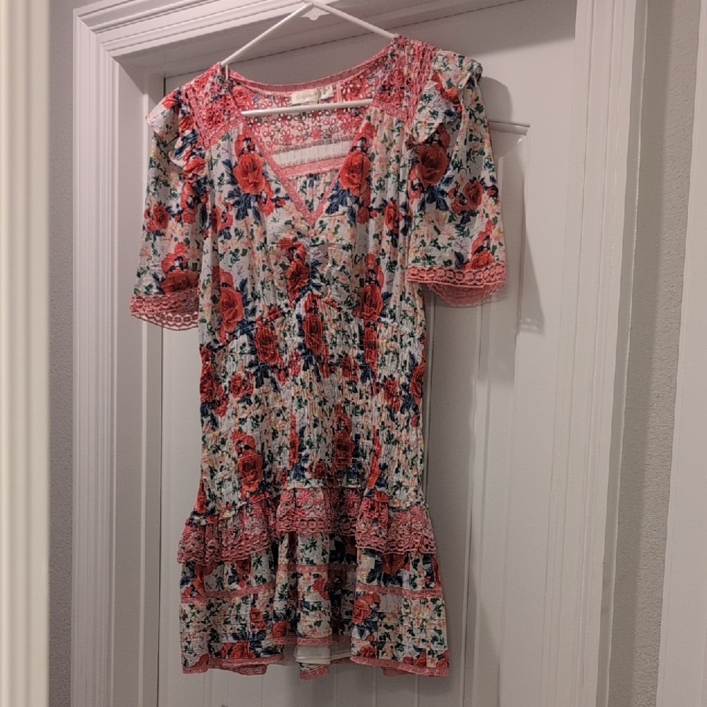 LoveShackFancy Floral Dress with Red and Blue Accents - Picture 2 of 5